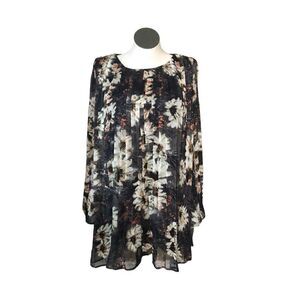 Love Riche Dress Womens M Black Pleated Floral Long Sleeve Lined Whimsigoth